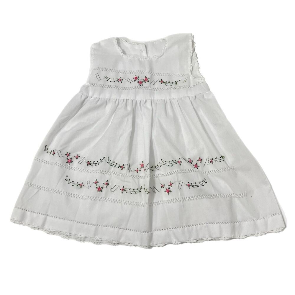 Vintage Handmade Baby Dress White Cotton Embroidered Roses Crochet Trim